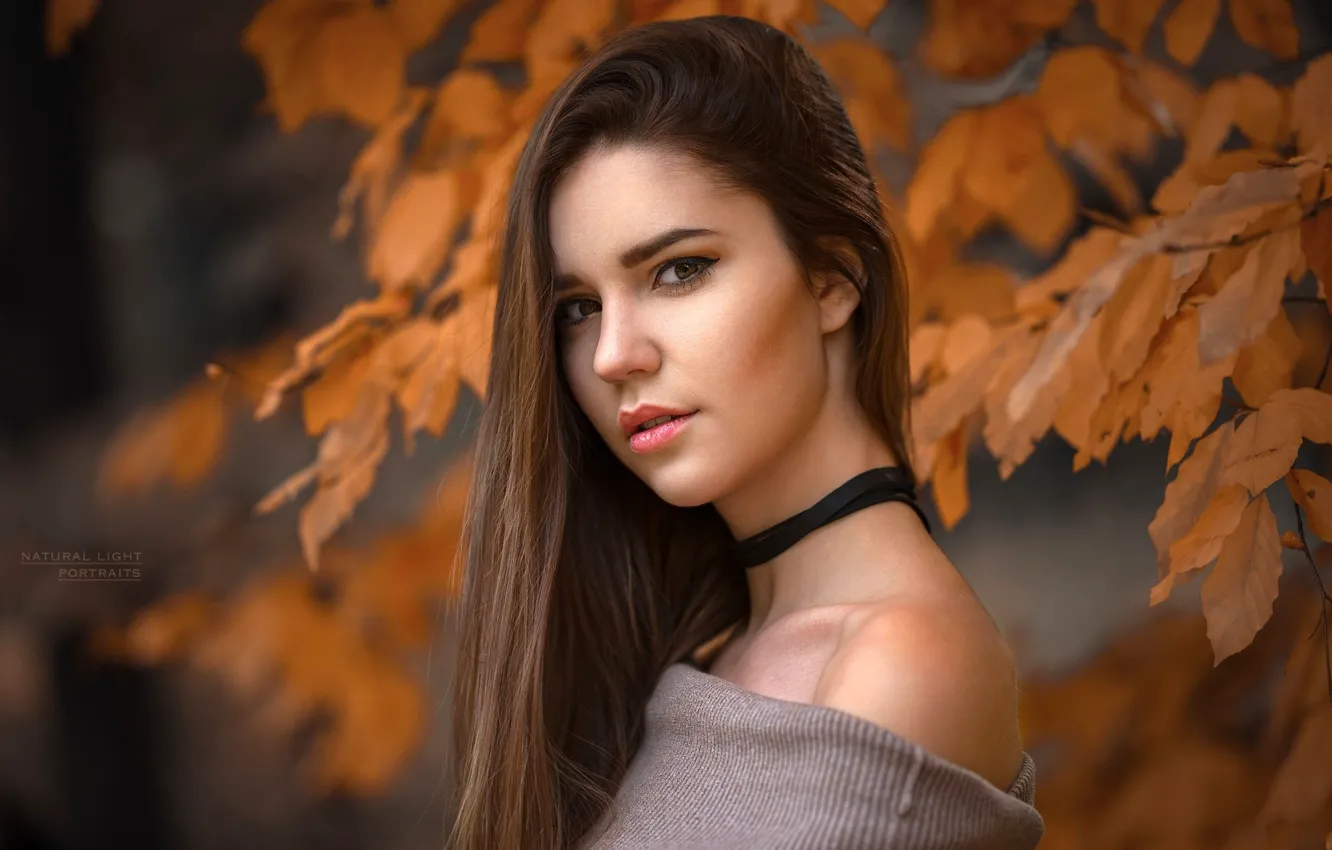 Photo wallpaper autumn, look, leaves, branches, nature, model, portrait, makeup