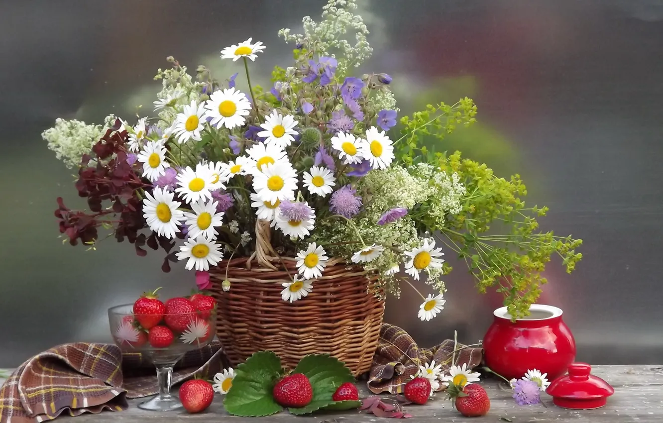 Photo wallpaper summer, flowers, nature, berries, basket, chamomile, bouquet, strawberry