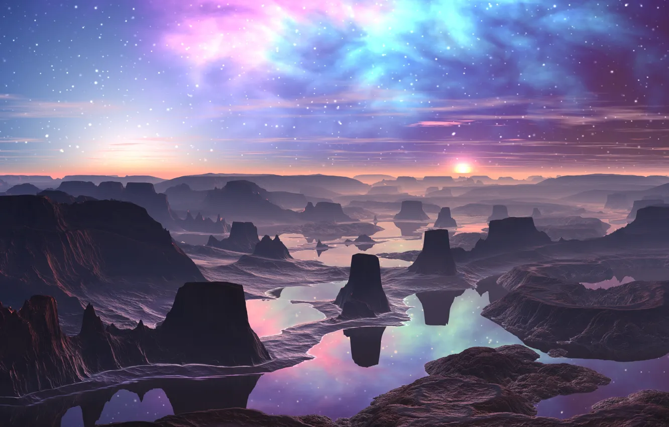 Photo wallpaper water, fog, reflection, lights