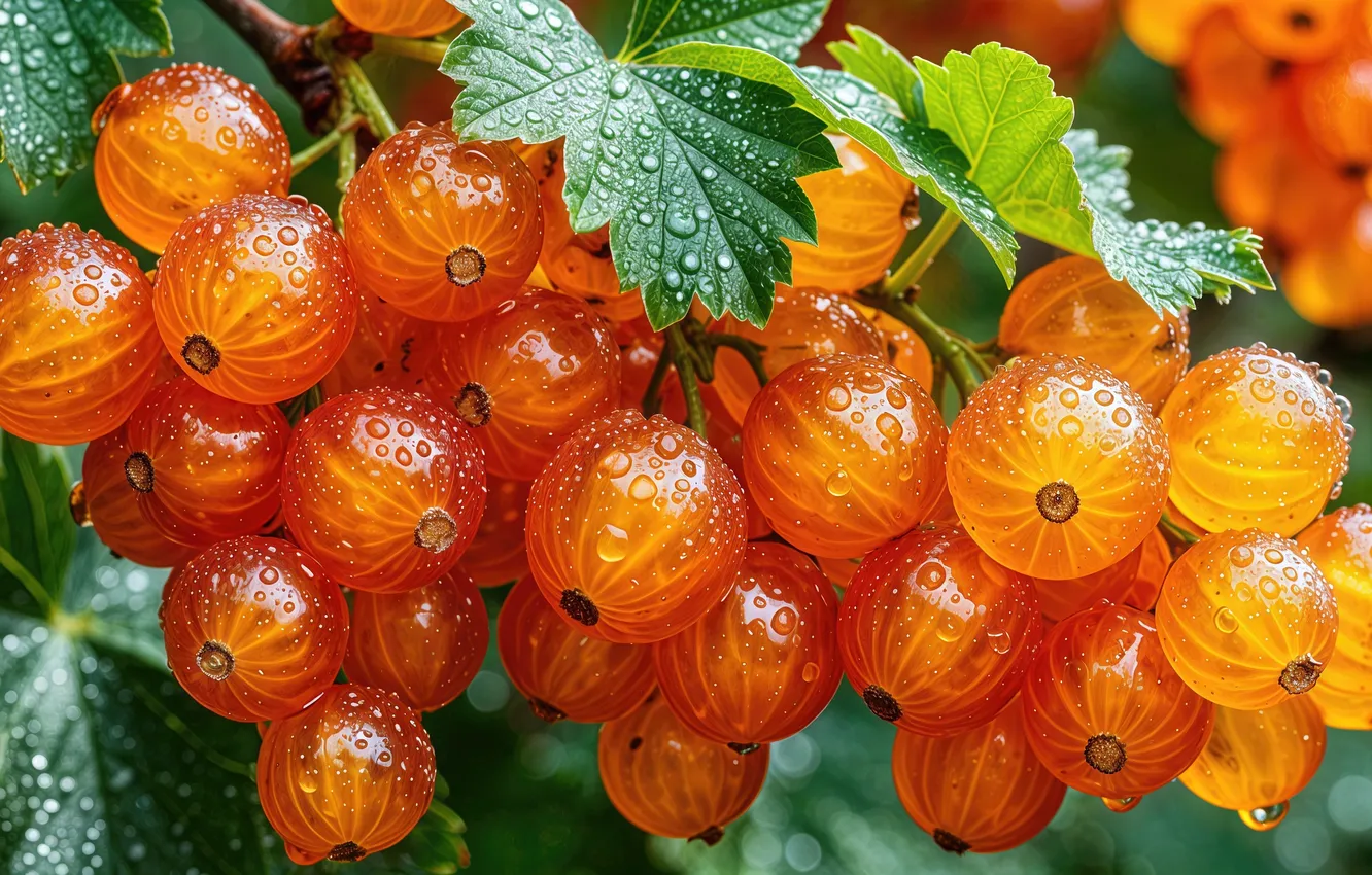 Photo wallpaper berries, foliage, currants, dew drops, Red currant