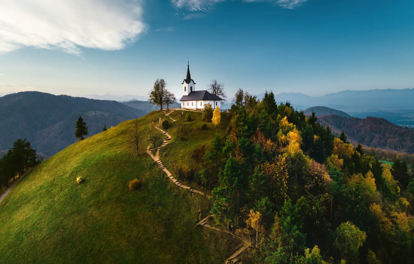 Photo wallpaper forest, landscape, mountains, nature, hills, track, Church, Slovenia