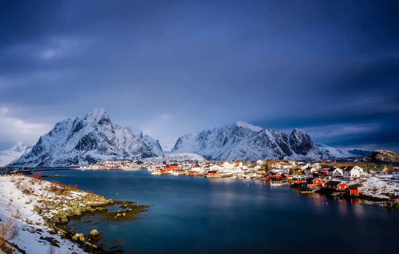 Photo wallpaper winter, snow, mountains, blue, rocks, shore, the evening, Norway