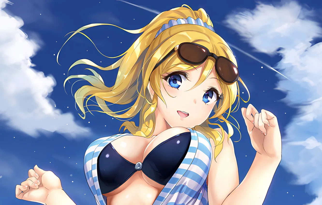 Photo wallpaper girl, sexy, cleavage, sky, long hair, boobs, anime, blue eyes