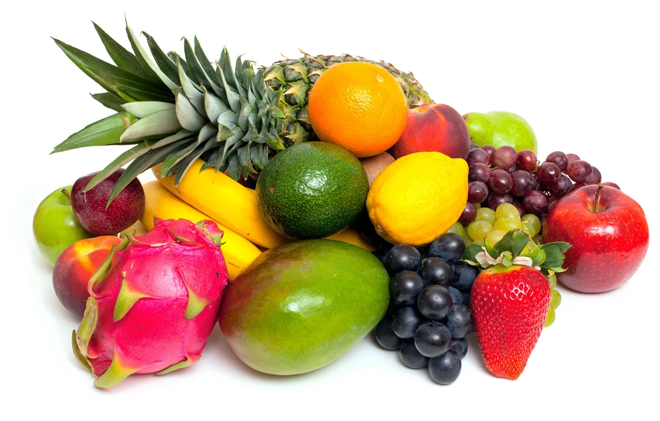 Photo wallpaper lemon, apple, Apple, orange, strawberry, grapes, bananas, lemon