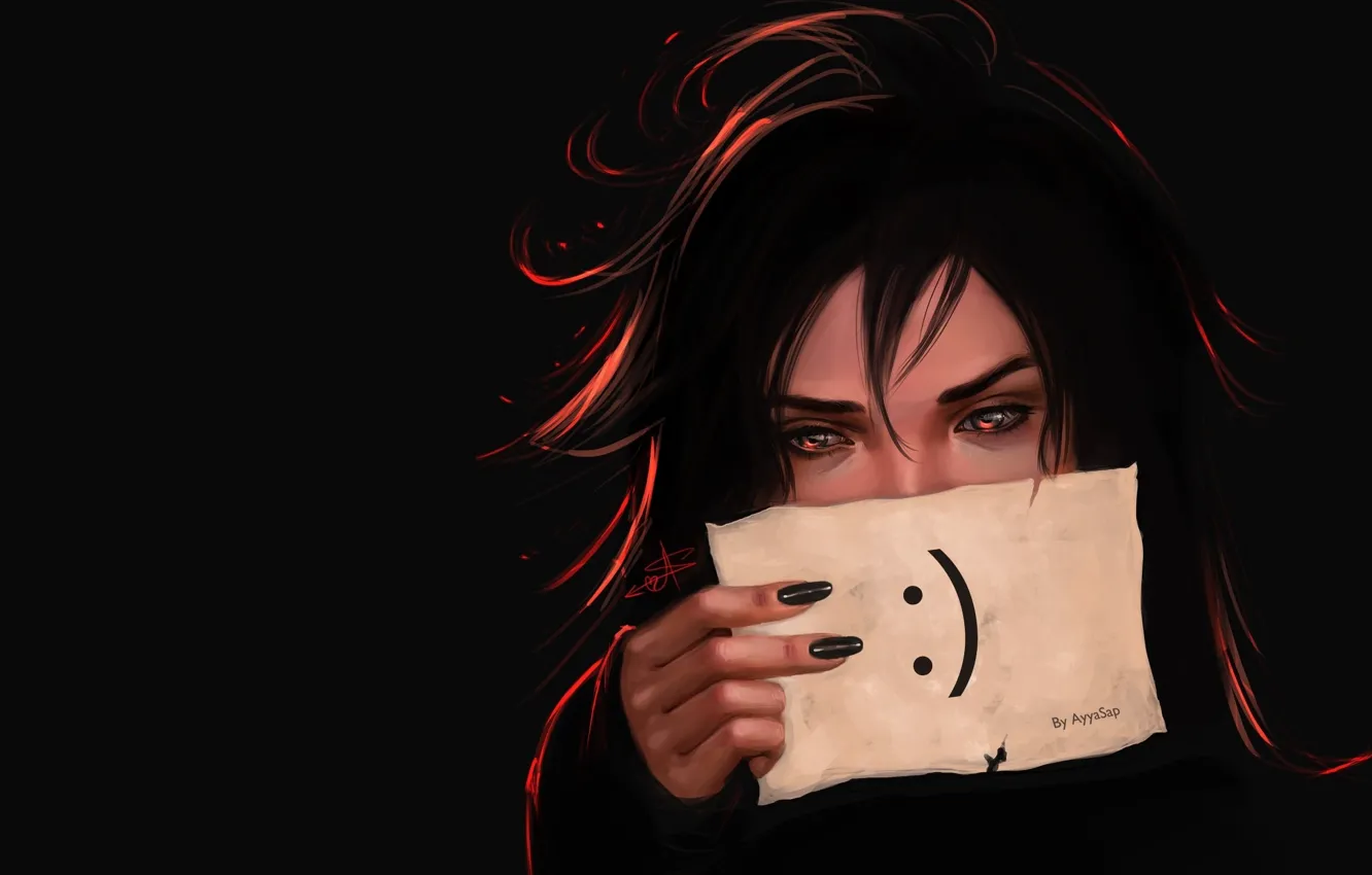 Photo wallpaper look, leaves, girl, hands, art, black background, nails, smiley