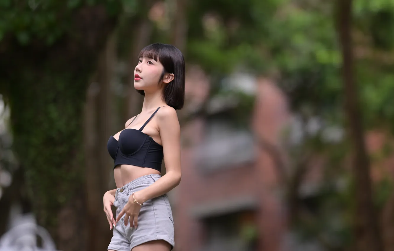 Photo wallpaper pose, shorts, topic, Asian, bokeh
