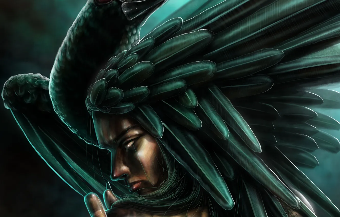 Photo wallpaper look, girl, fiction, back, wings, feathers, tattoo, art