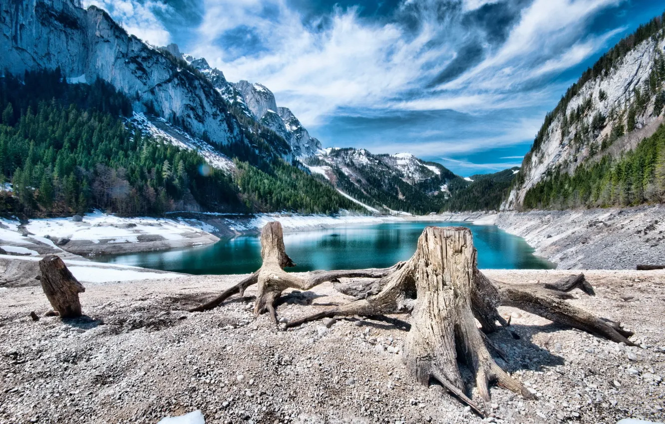 Photo wallpaper mountains, lake, snag