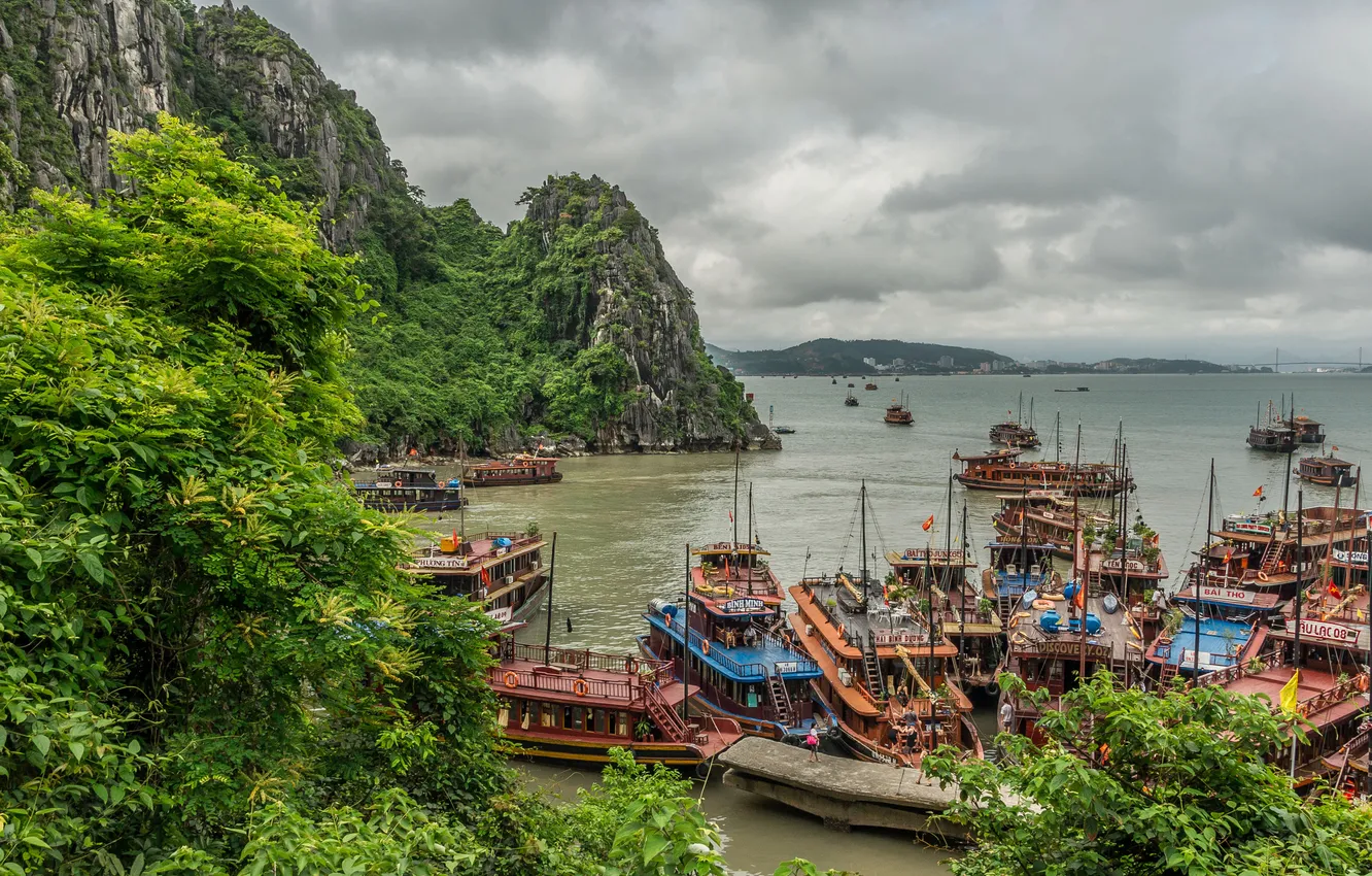 Photo wallpaper sea, the sky, trees, mountains, clouds, boat, ship, Vietnam