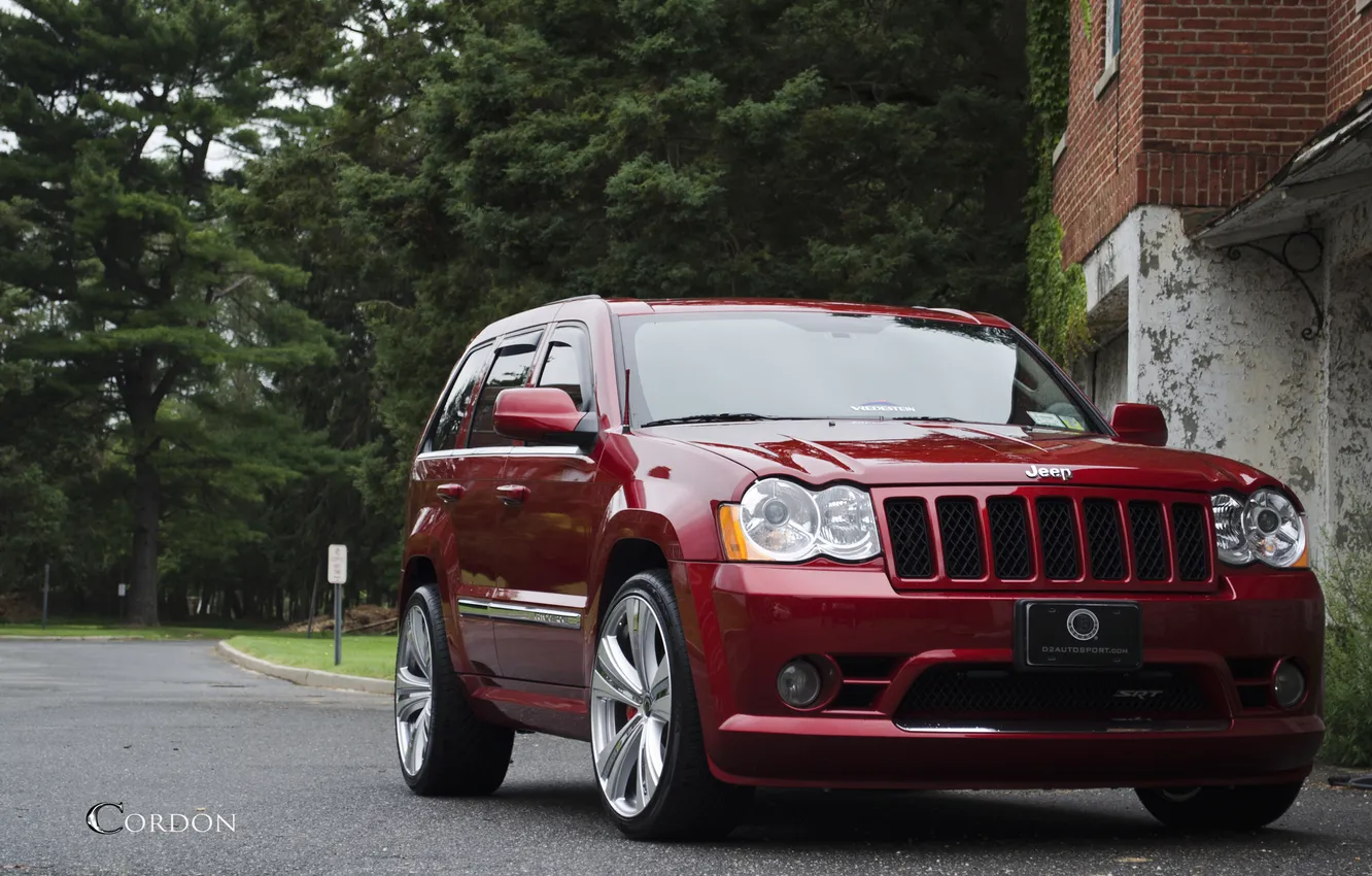 Photo wallpaper trees, red, jeep, red, SRT-8, Jeep, Grand Cherokee, Wheels
