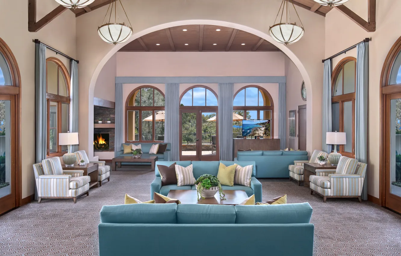 Photo wallpaper fireplace, living, design, design, chandelier, sofa, living room
