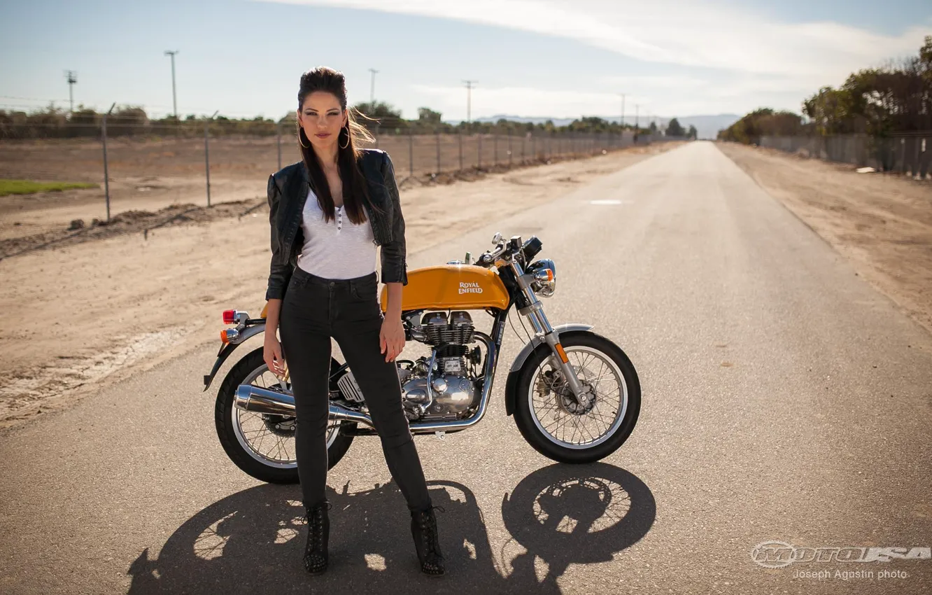Photo wallpaper look, girl, girl Raquel, posing on a motorcycle Royal Enfield Continental GT