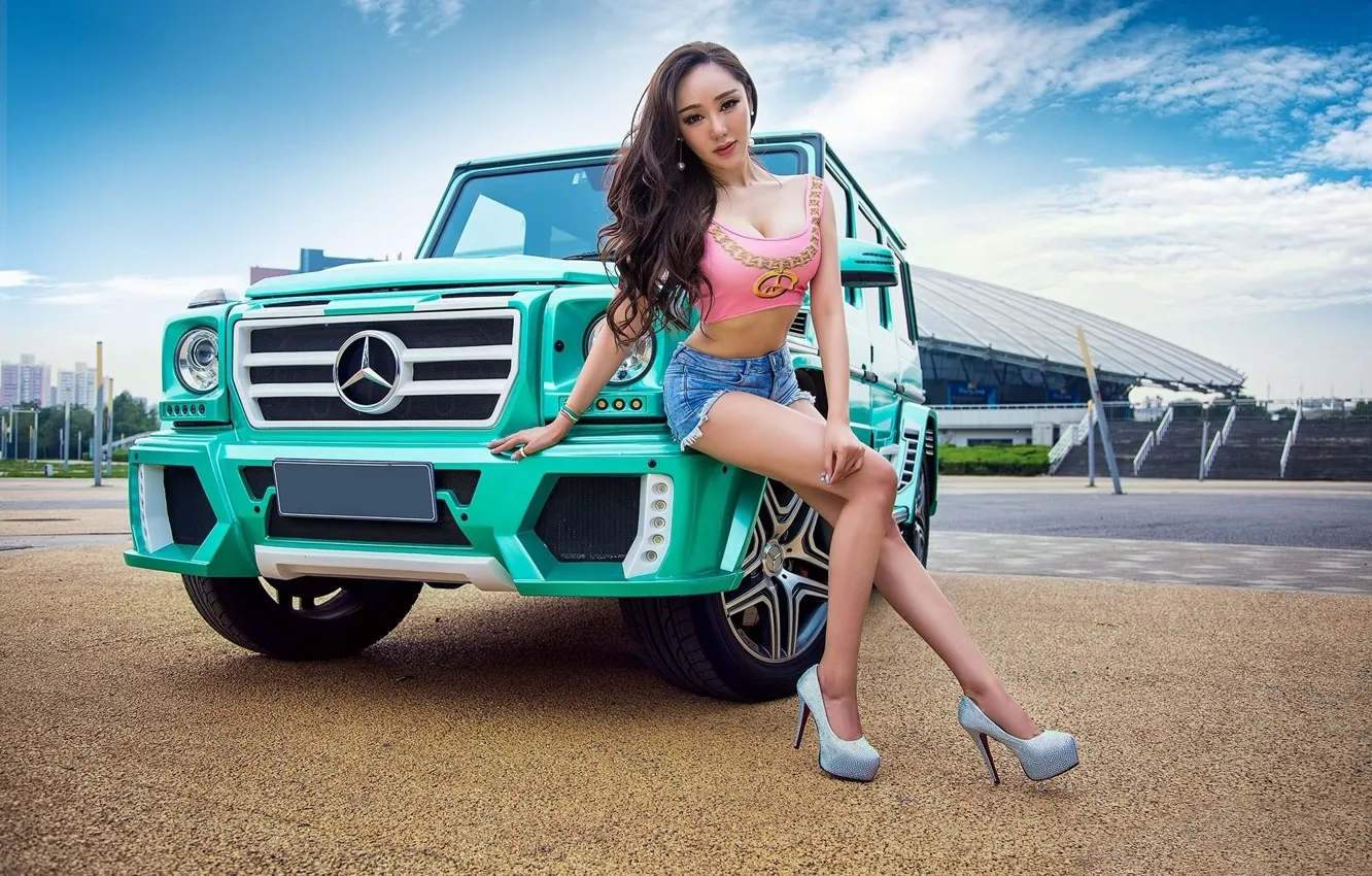 Photo wallpaper look, girl, Mercedes, Asian, beautiful girl, green car