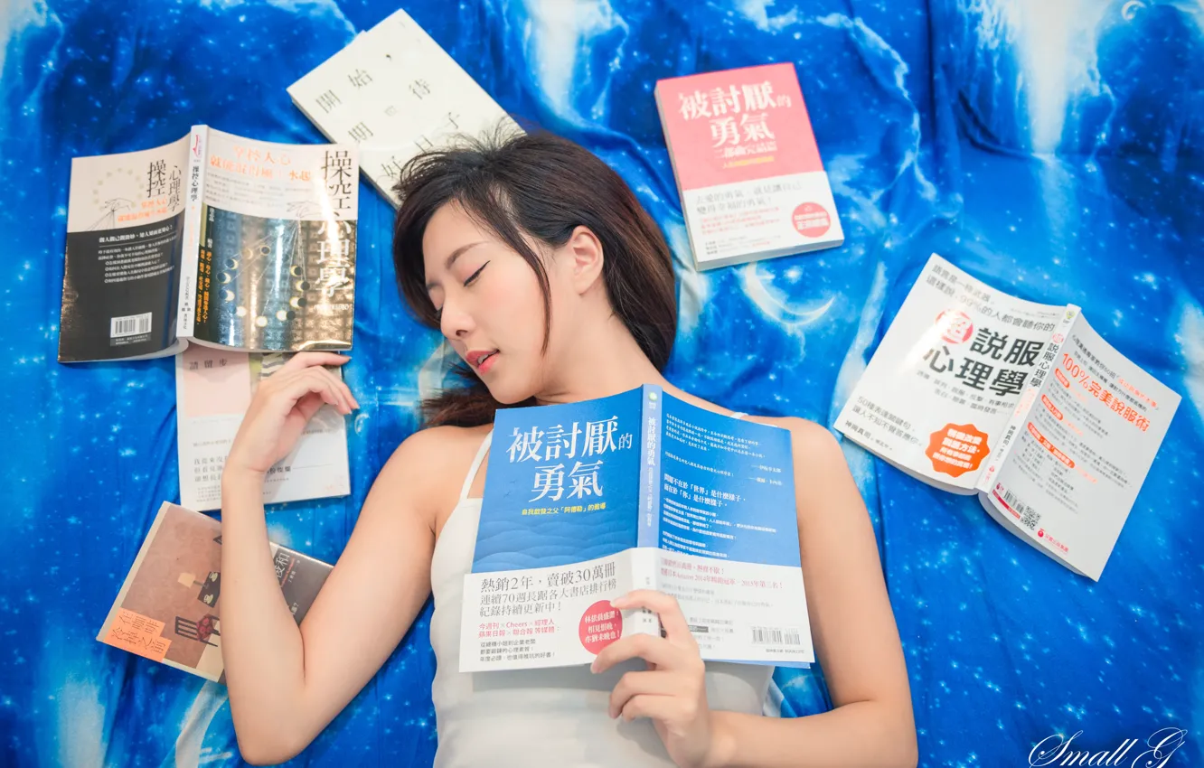 Photo wallpaper girl, woman, sleep, book, asian, cute