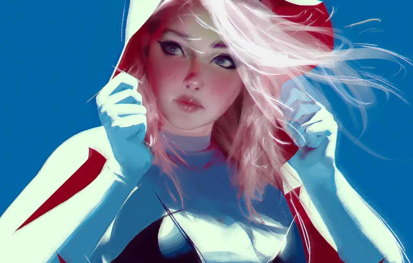 Photo wallpaper digital art, Gwen Stacy, white hair, wavy hair, pale, juicy lips, digital painting, closed mouth