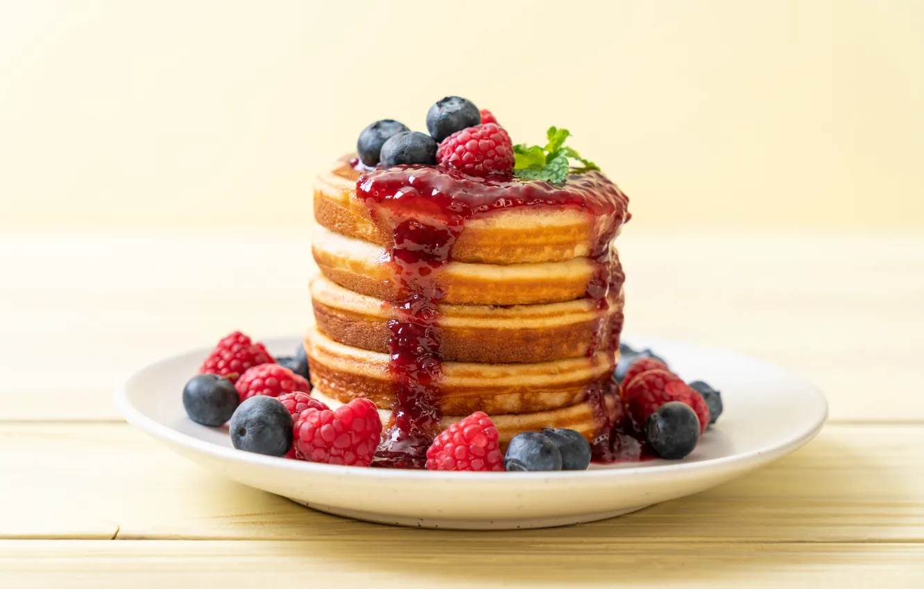Photo wallpaper berries, raspberry, blueberries, pancakes, berries, pancakes, pancake