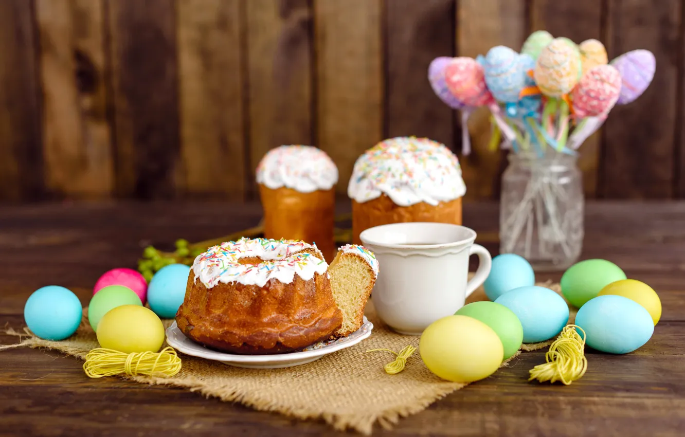 Photo wallpaper eggs, colorful, Easter, happy, cake, cake, wood, Easter, eggs, decoration