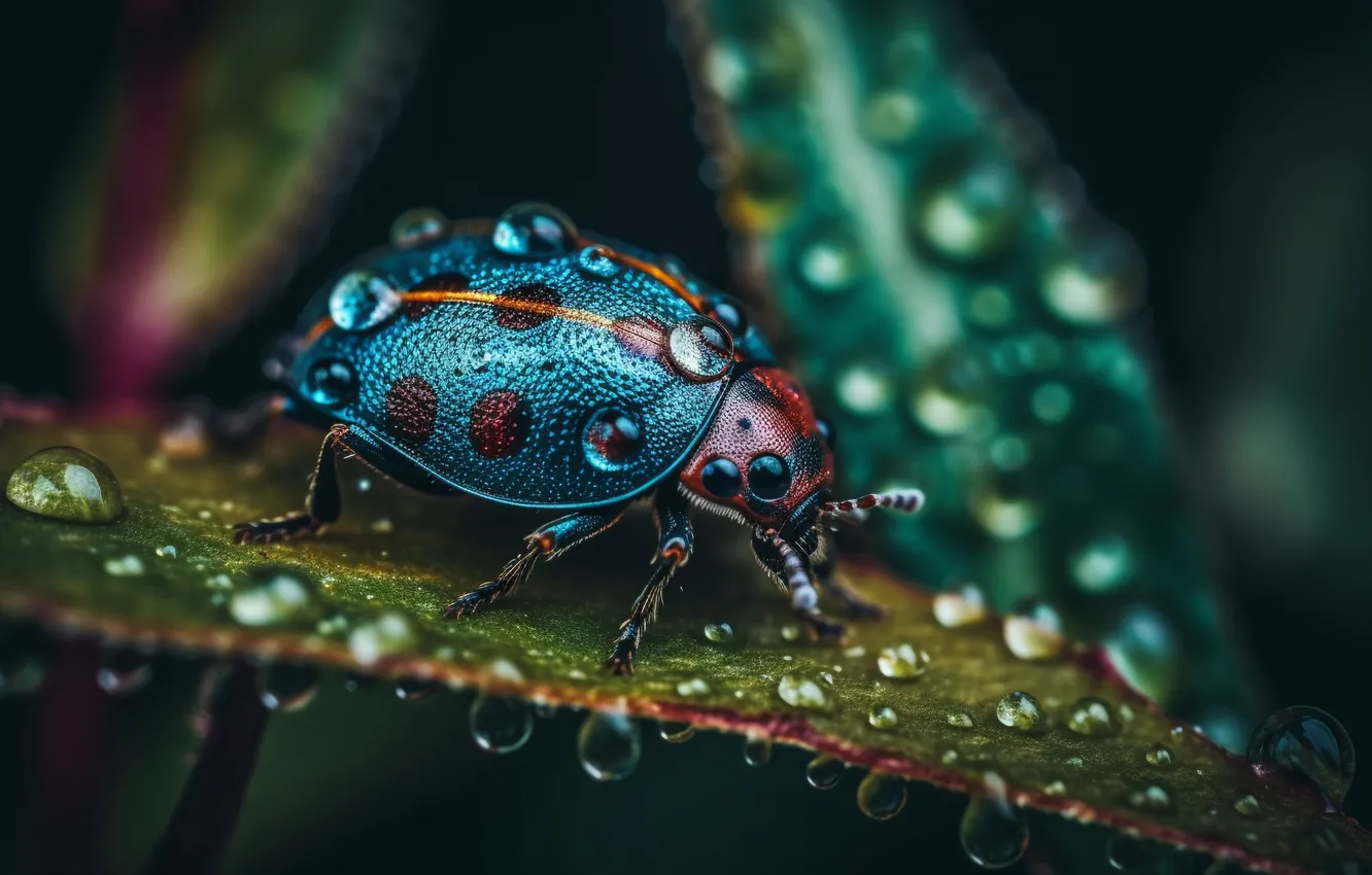 Photo wallpaper look, leaves, drops, macro, leaf, beetle, insect, AI art