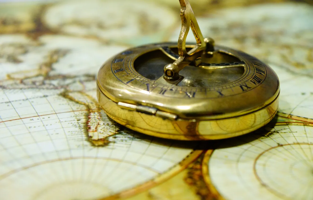 Photo wallpaper map, compass, closeup, Navigator
