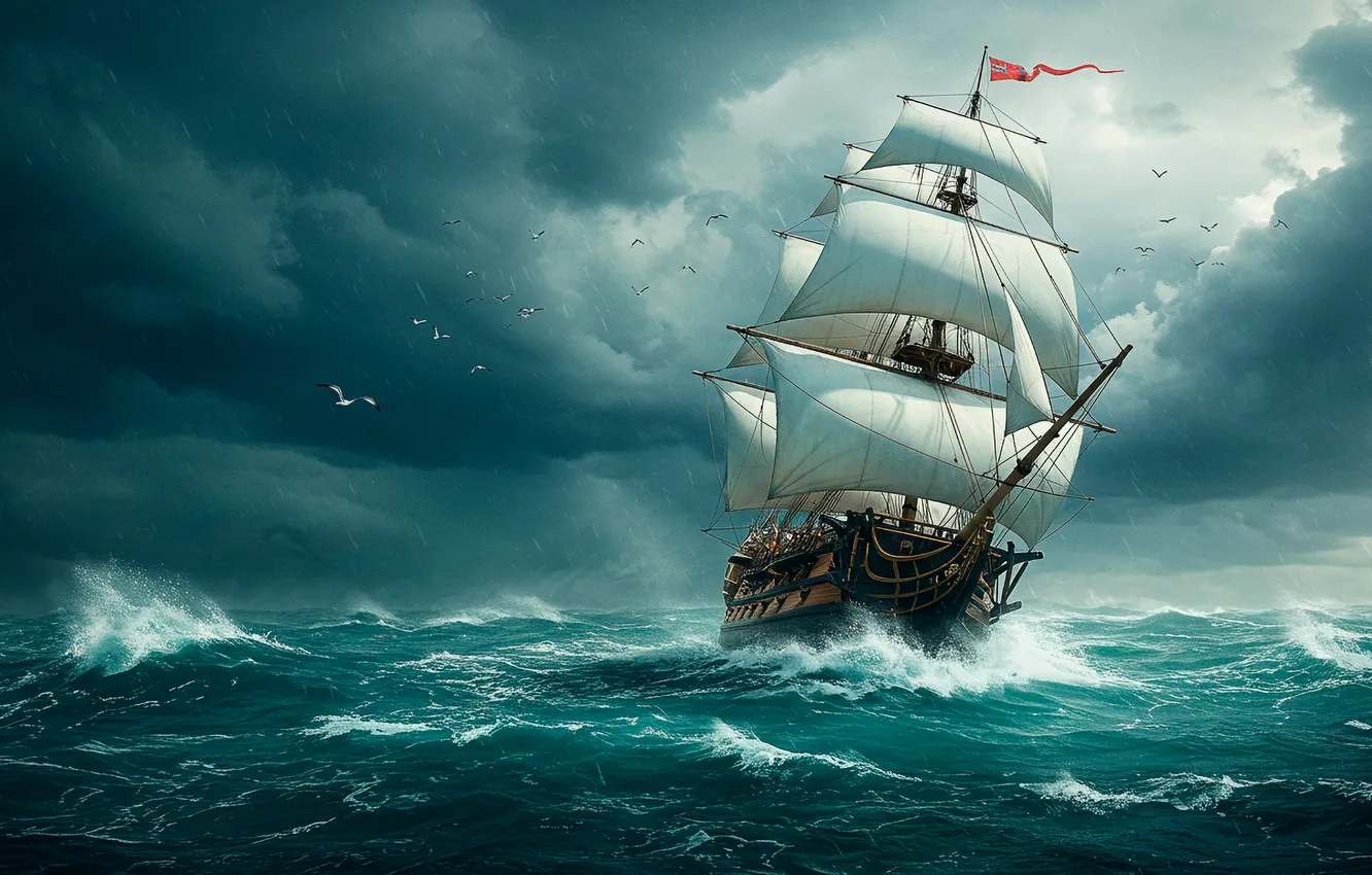 Photo wallpaper wave, clouds, storm, the ocean, Wallpaper, ship, sail, waves