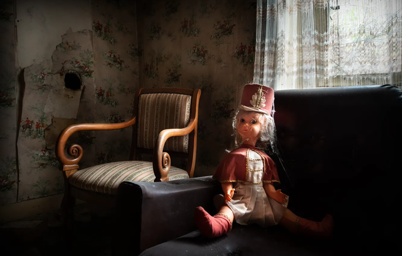 Photo wallpaper chair, doll, window, naturalism