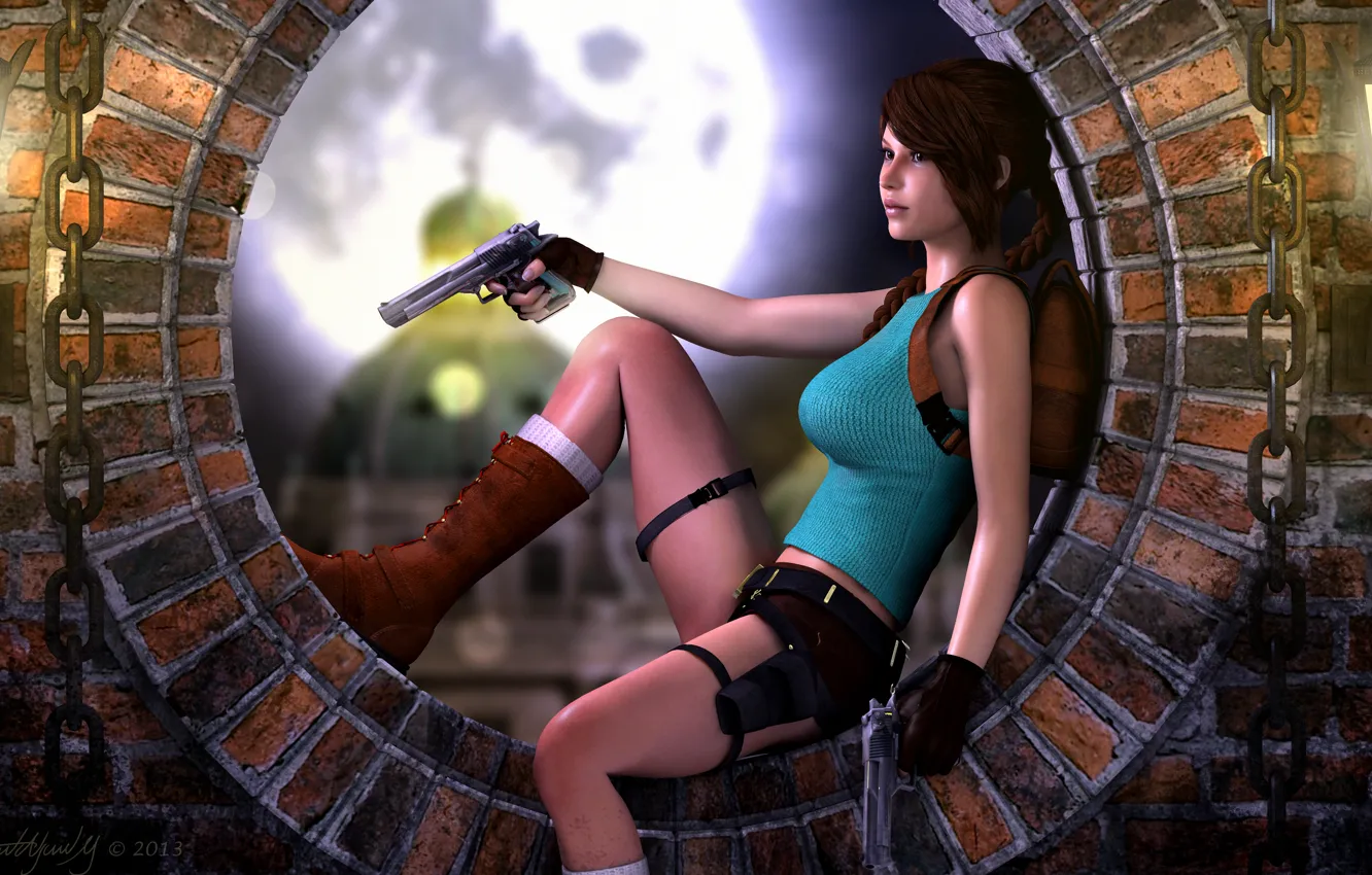 Photo wallpaper girl, face, gun, weapons, Mike, chain, Tomb Raider, Lara Croft