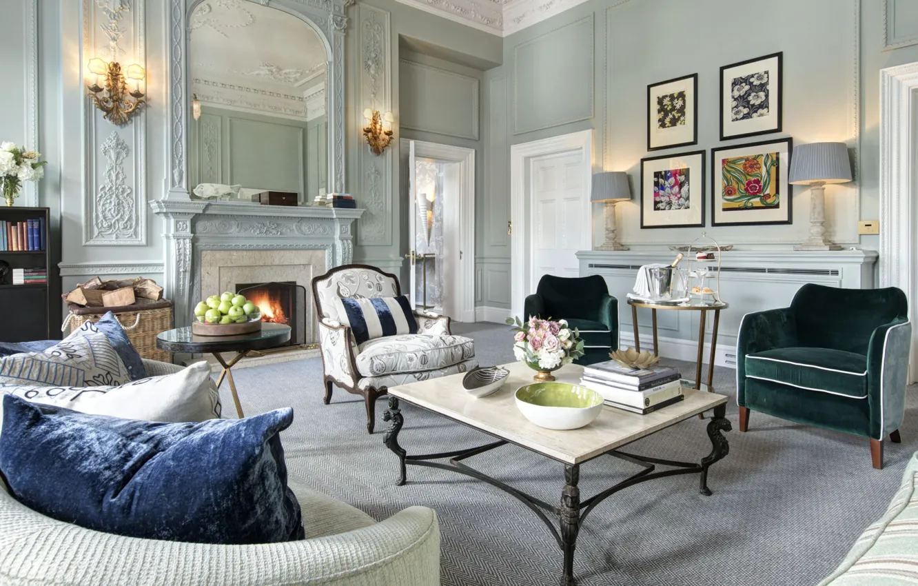 Photo wallpaper style, interior, library, living room, RFH, Crombie living room, The Balmoral Scone, fireplace