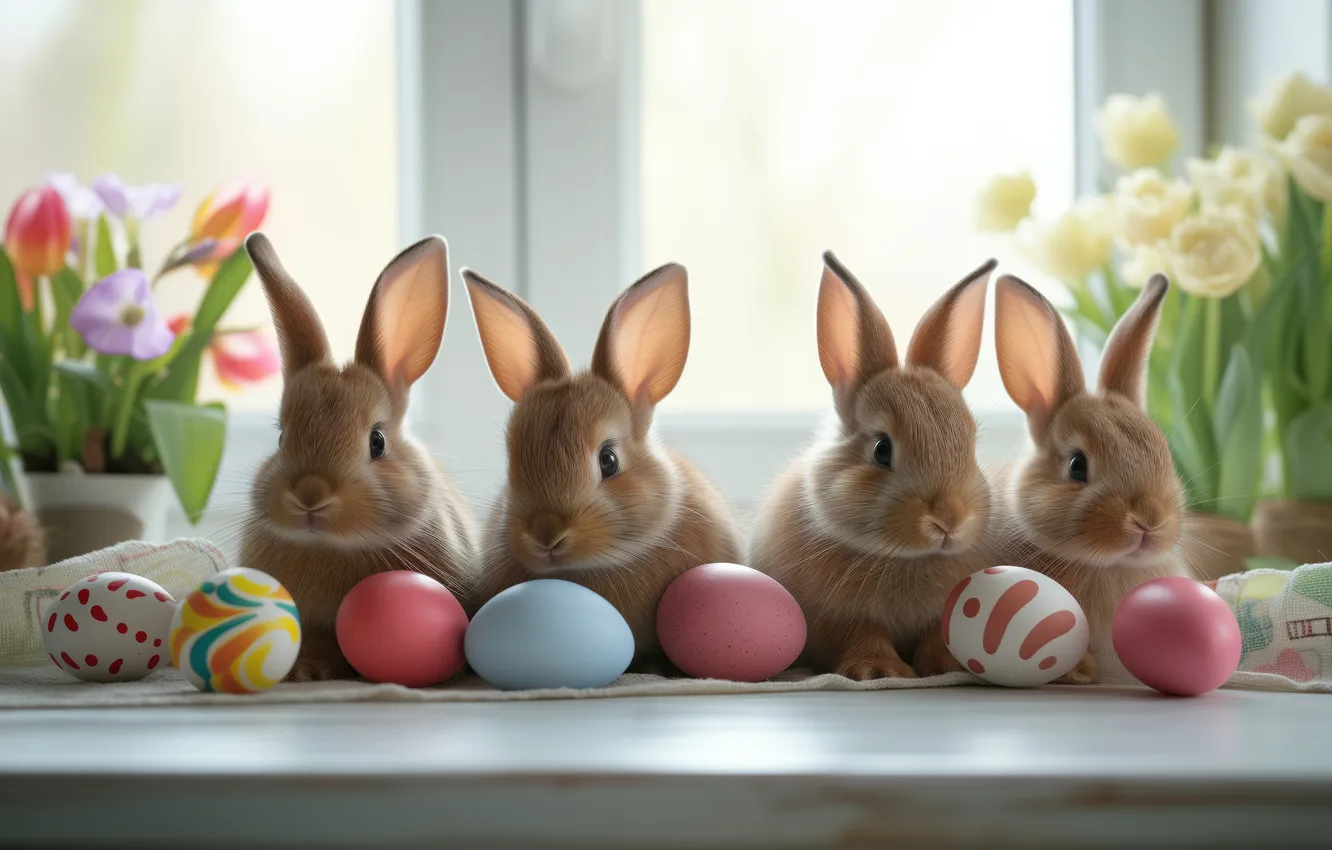 Photo wallpaper look, light, flowers, table, holiday, eggs, bouquet, spring