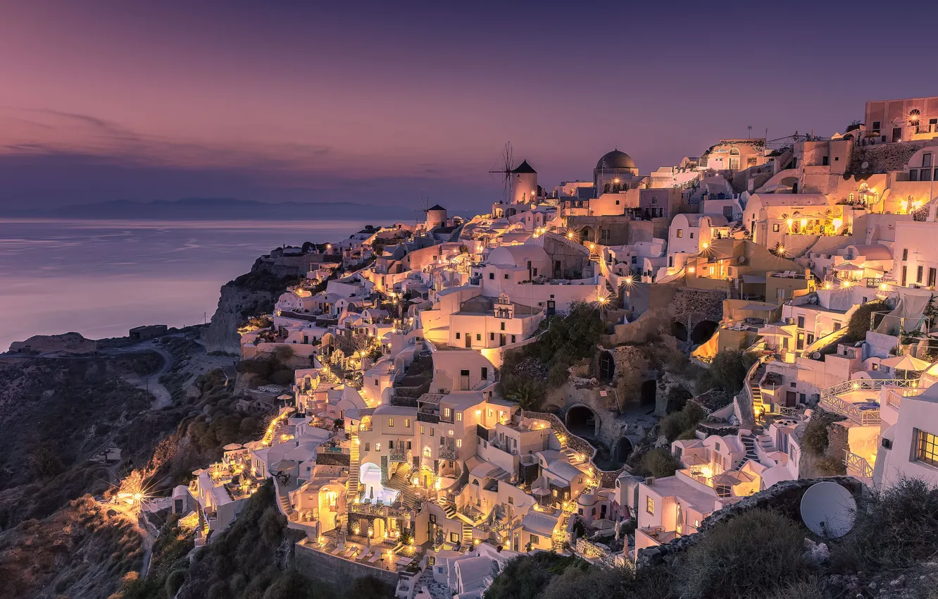 Photo wallpaper the city, lights, building, home, the evening, Santorini, Greece, twilight