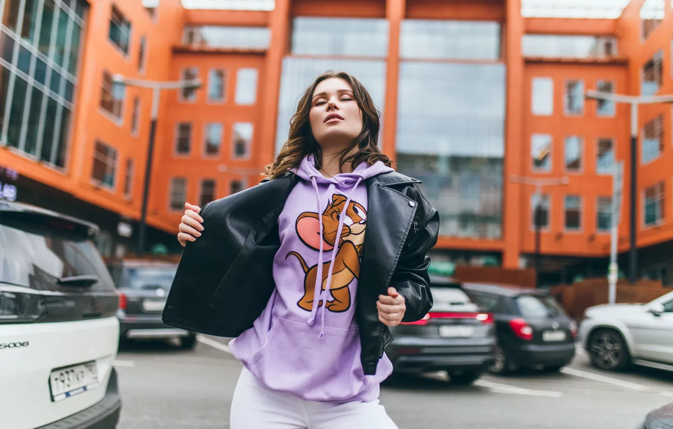 Photo wallpaper car, cars, model, women, jeans, brunette, leather jacket, Vehicles