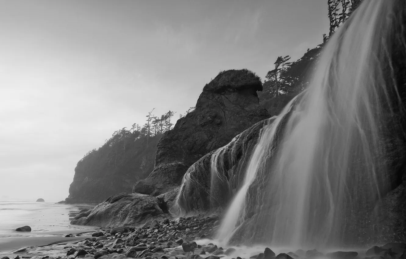 Photo wallpaper sea, stones, black and white, shore, waterfall, 153