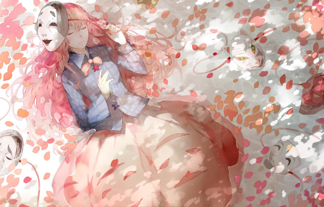 Photo wallpaper leaves, girl, anime, mask