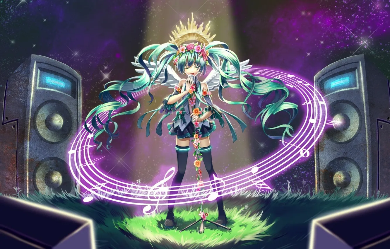 Photo wallpaper girl, light, flowers, notes, wings, angel, art, microphone