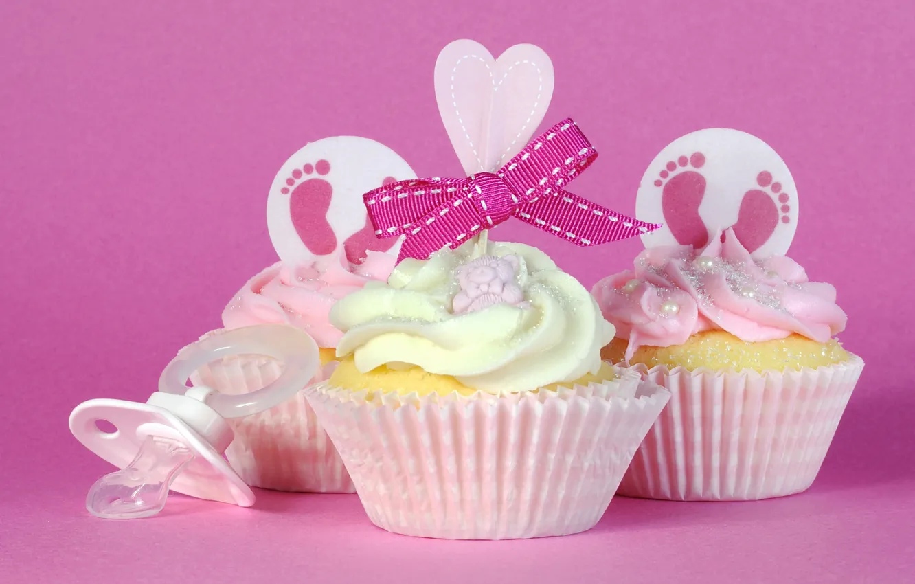 Photo wallpaper hearts, bow, nipple, cream, cupcakes