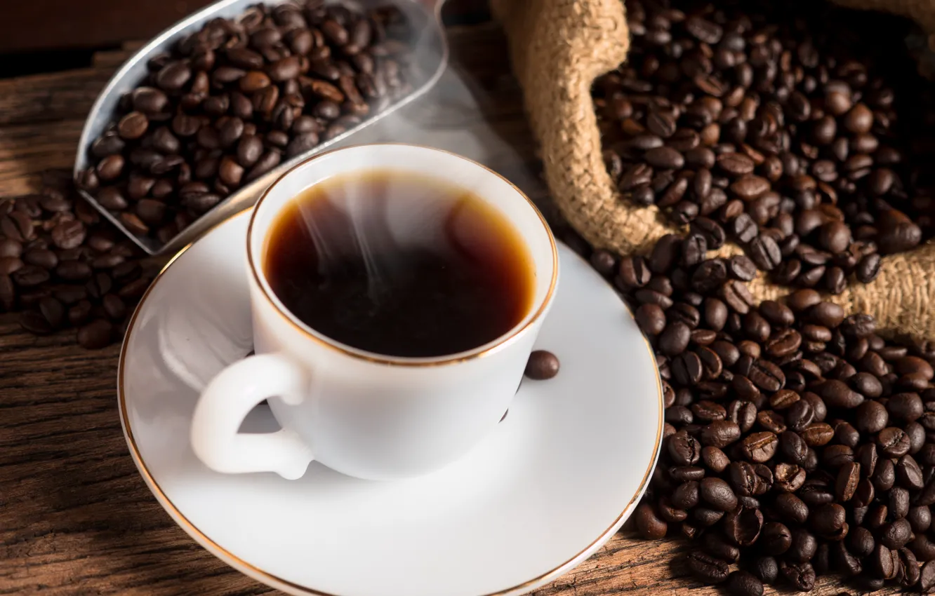 Photo wallpaper coffee, Cup, hot, coffee beans, cup of coffee