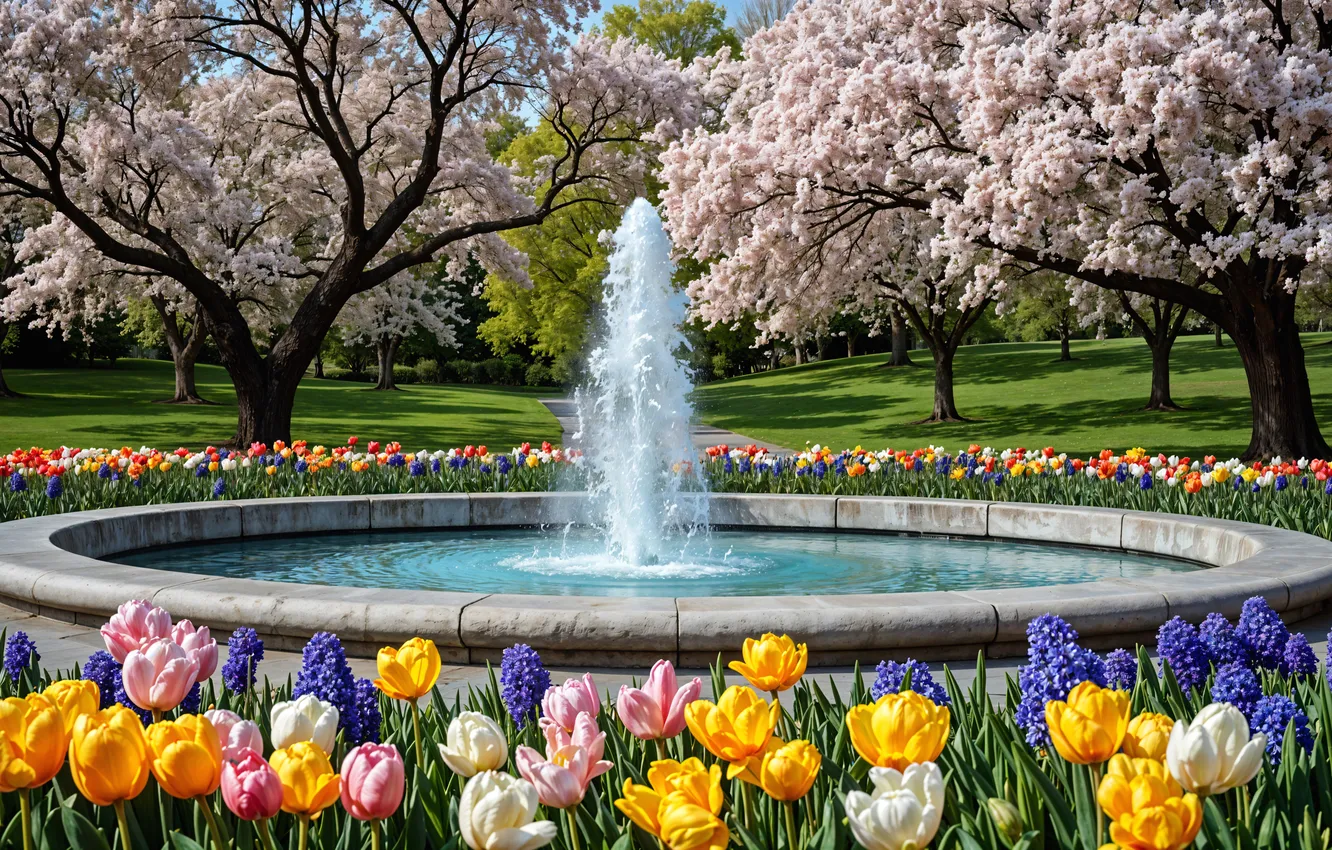 Photo wallpaper trees, Park, spring, Sakura, flowerbed, flowering, trees, pink