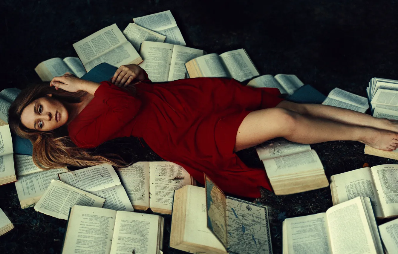 Photo wallpaper girl, lies, red dress