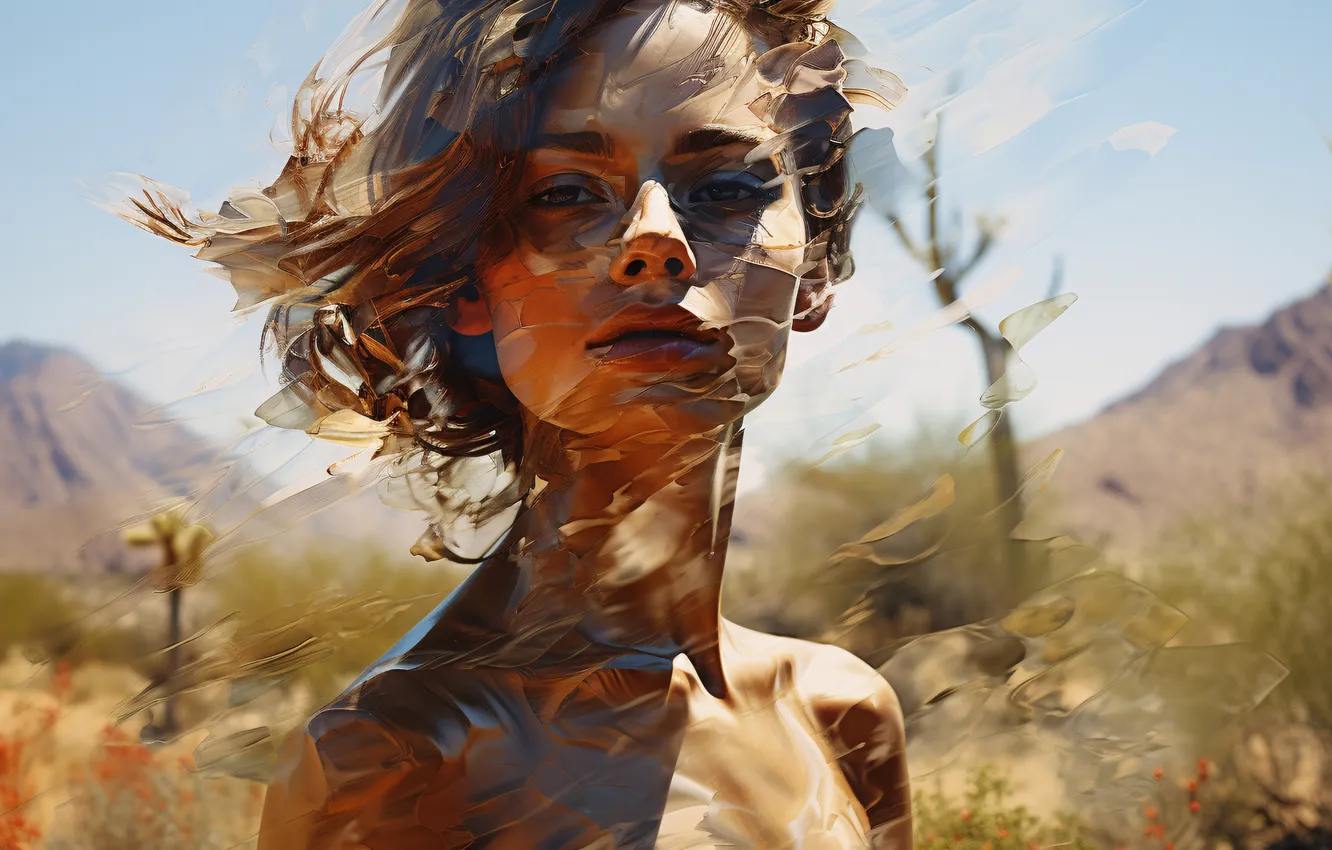 Photo wallpaper look, girl, mountains, face, hair, digital art, AI art, The Art of Artificial Intelligence