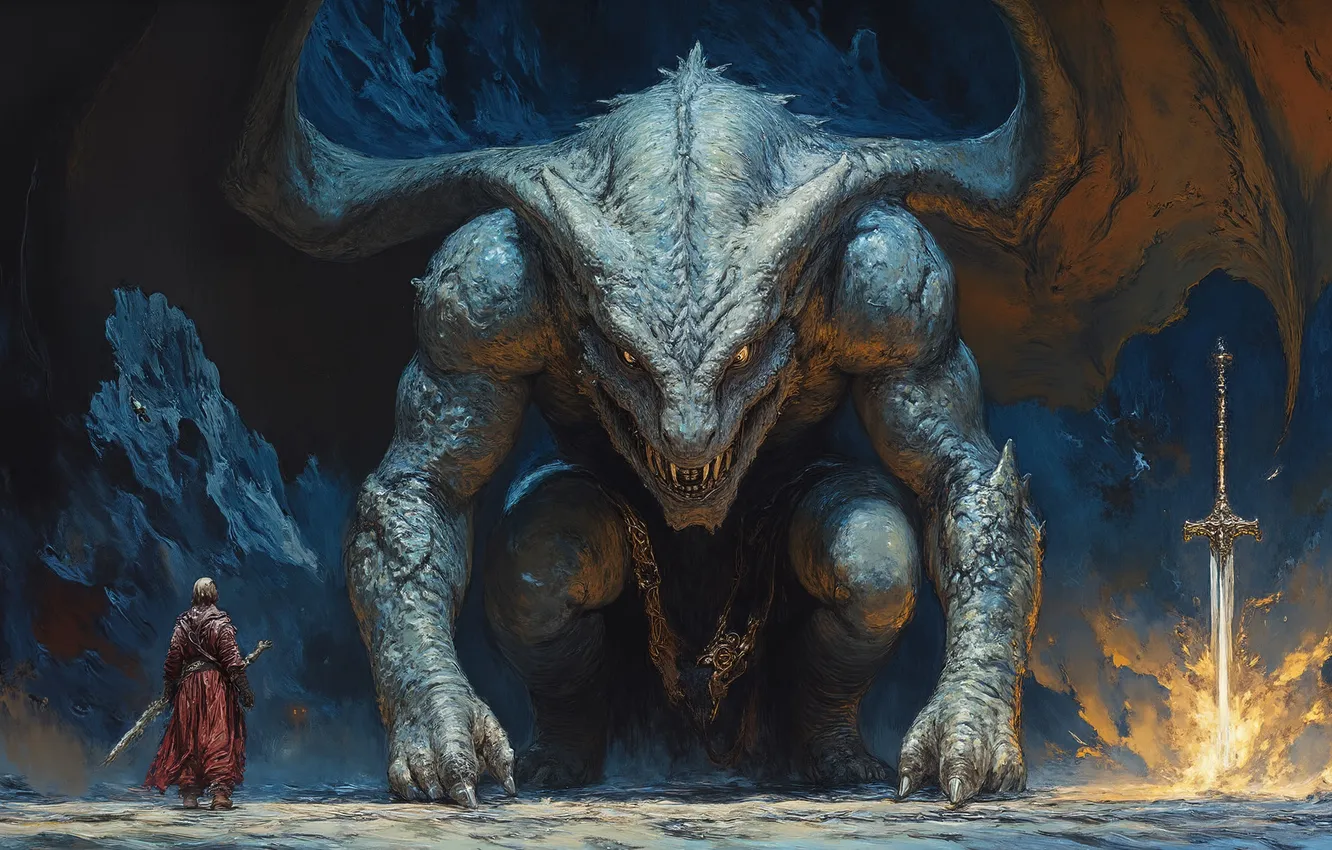 Photo wallpaper dragon, people, sword