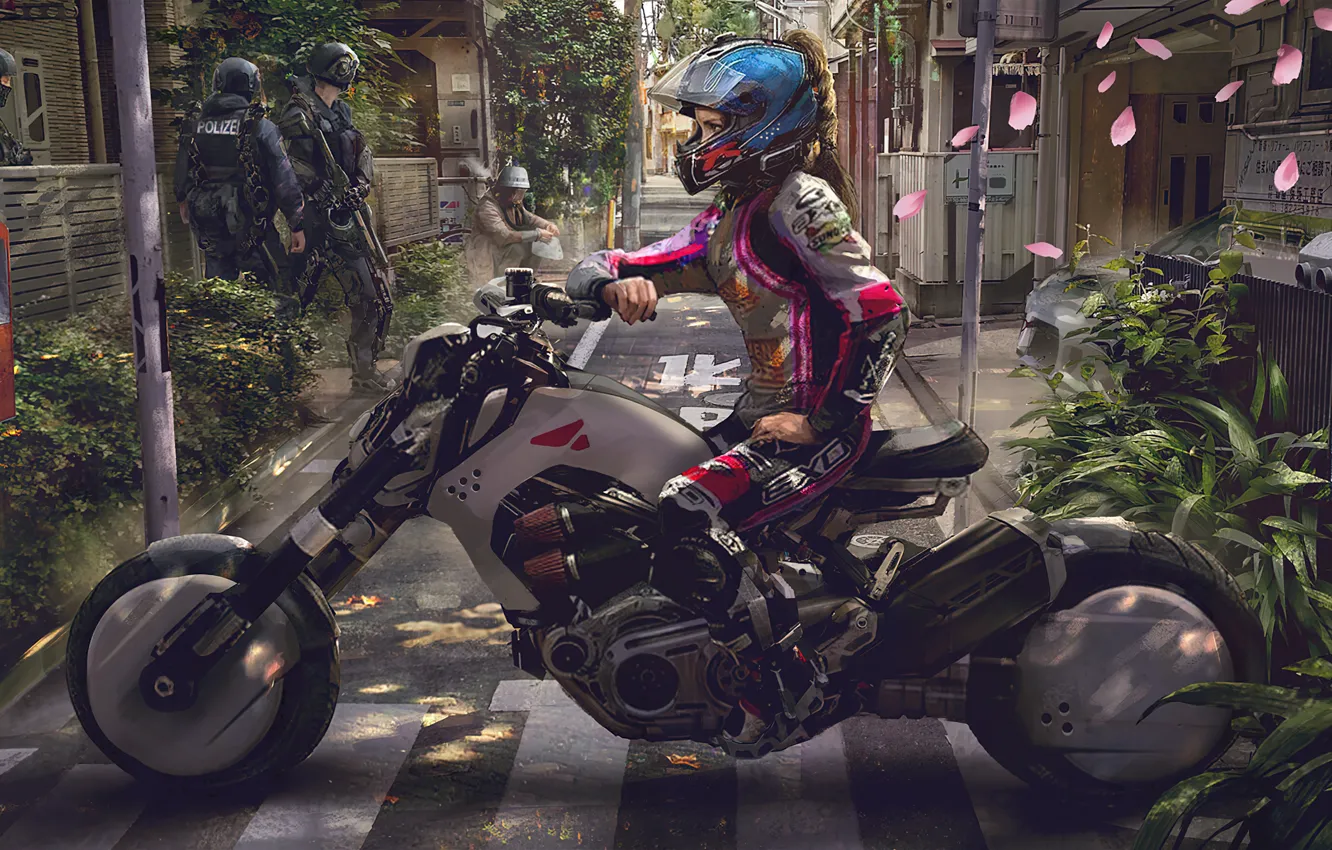 Photo wallpaper future, motorcycle, motorcycle, Future, cyberpank, art girl, Eddie Mendoza