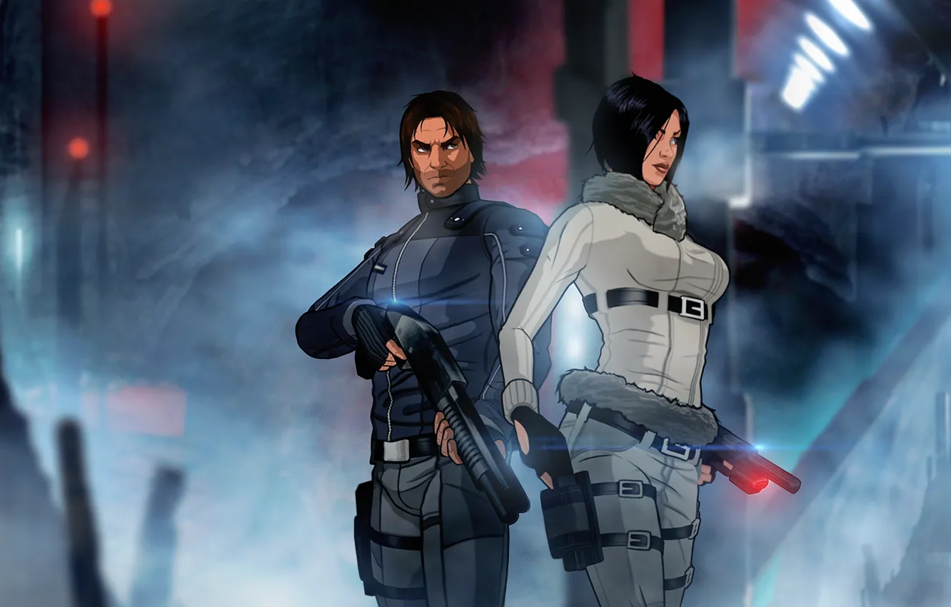 Photo wallpaper gun, woman, art, male, Fear Effect, Hana Tsu-Vachel, drabovich