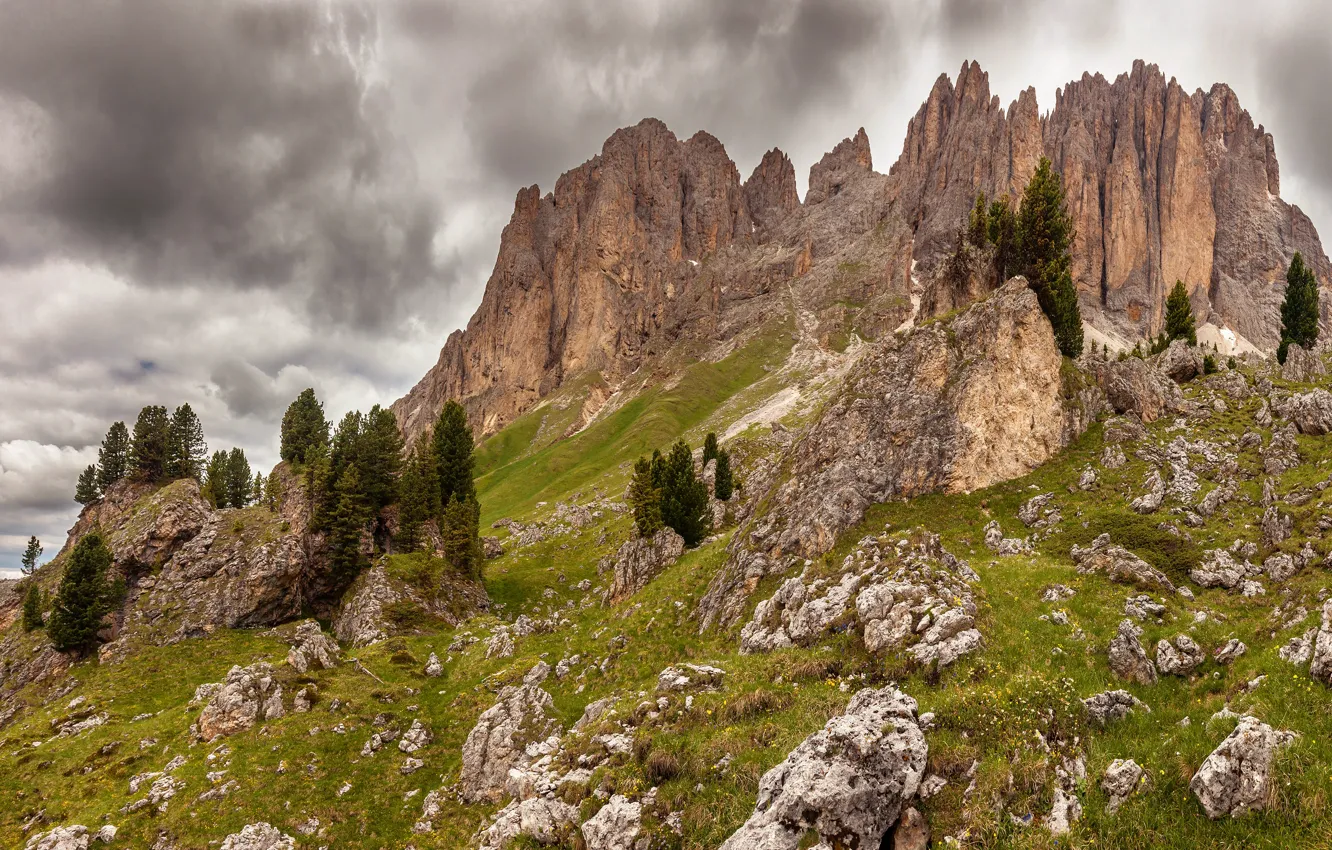 Photo wallpaper greens, the sky, grass, clouds, mountains, stones, overcast, rocks