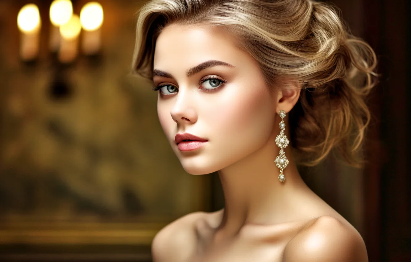Photo wallpaper look, girl, face, lights, portrait, earrings, blonde, shoulders