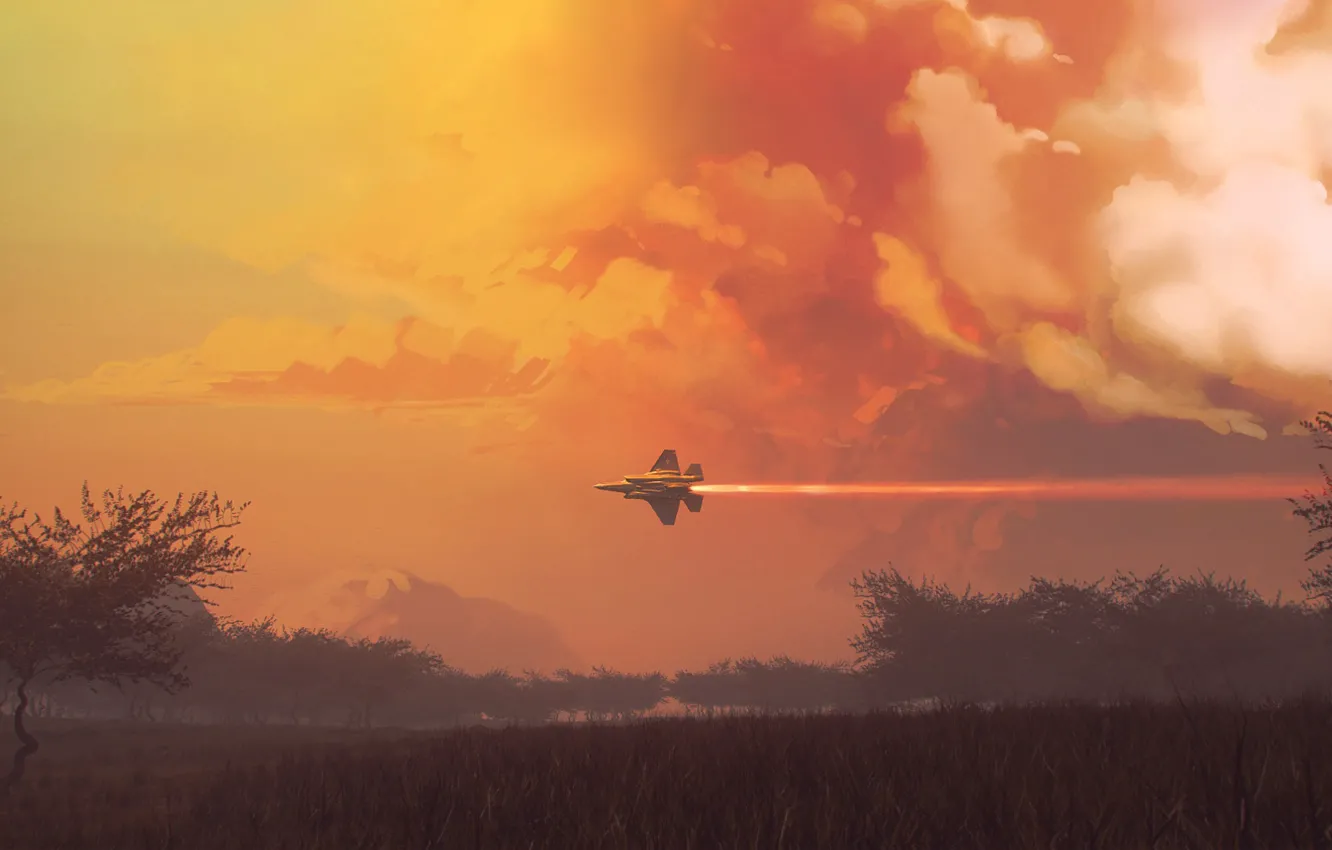 Photo wallpaper clouds, flight, landscape, fighter, the plane, fighter, landscape, flying