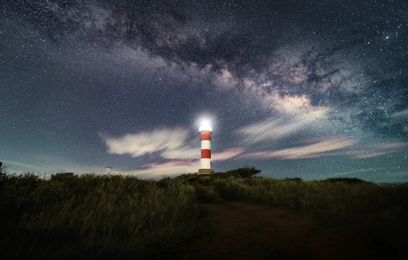 Photo wallpaper field, the sky, stars, night, lighthouse