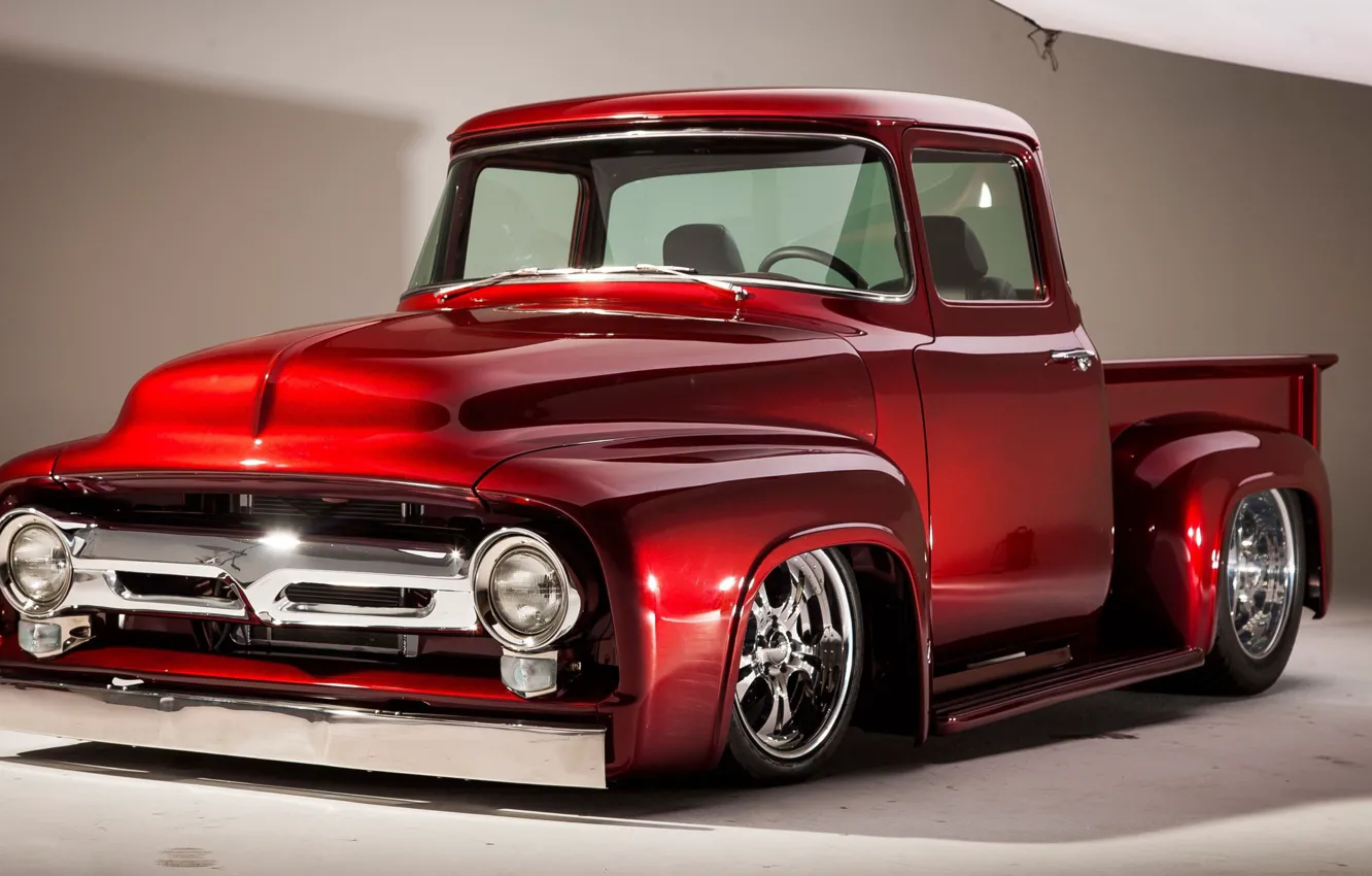 Photo wallpaper Red, Car, Classic, Color, Truck, Chrome, F100, Ford F-100