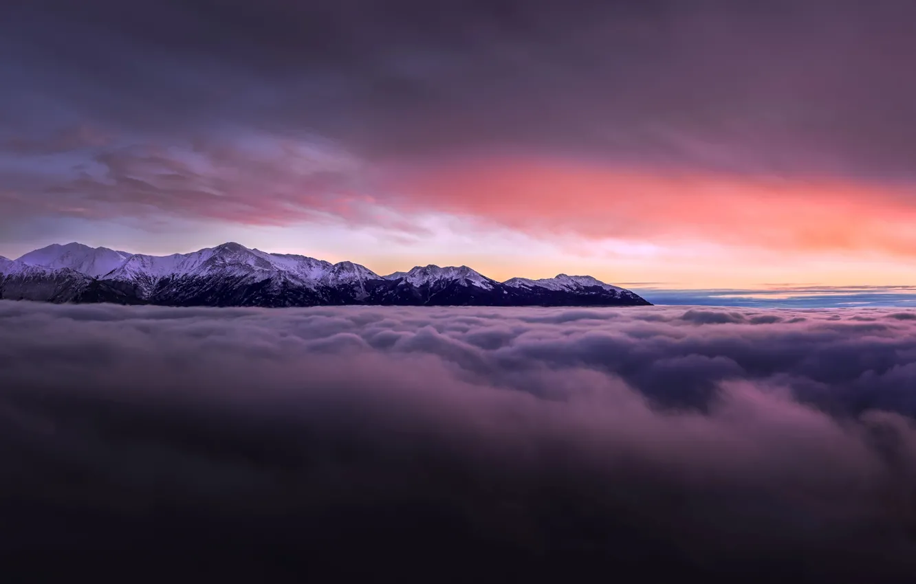 Photo wallpaper sunset, mountains, clouds