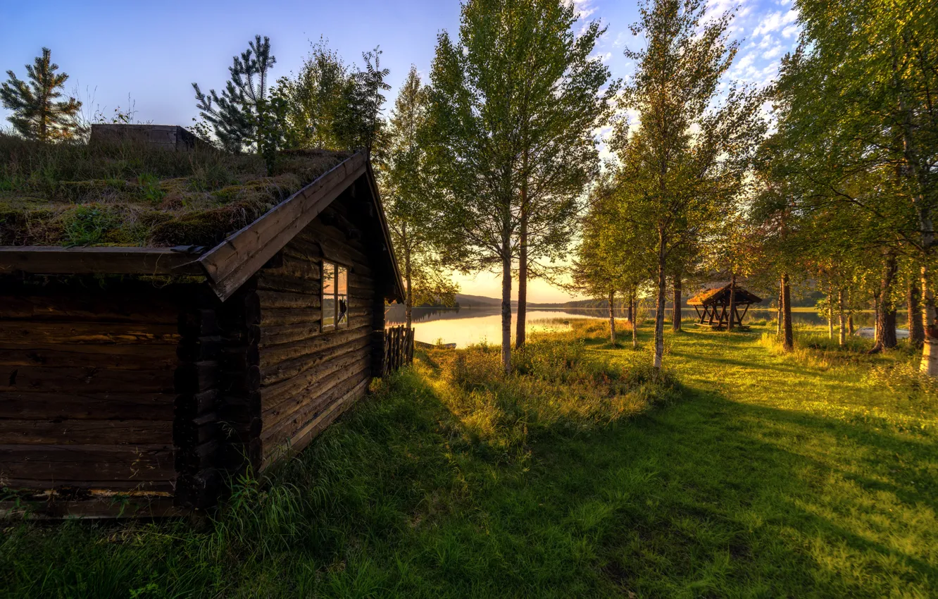 Photo wallpaper trees, lake, house, shore, Norway, gazebo, hut, Hedmark County