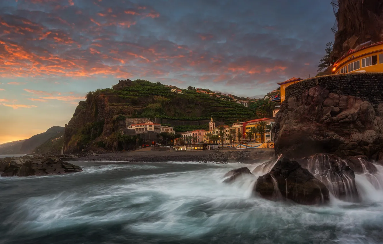 Photo wallpaper landscape, the city, the ocean, rocks, home, the evening, Portugal, Madeira