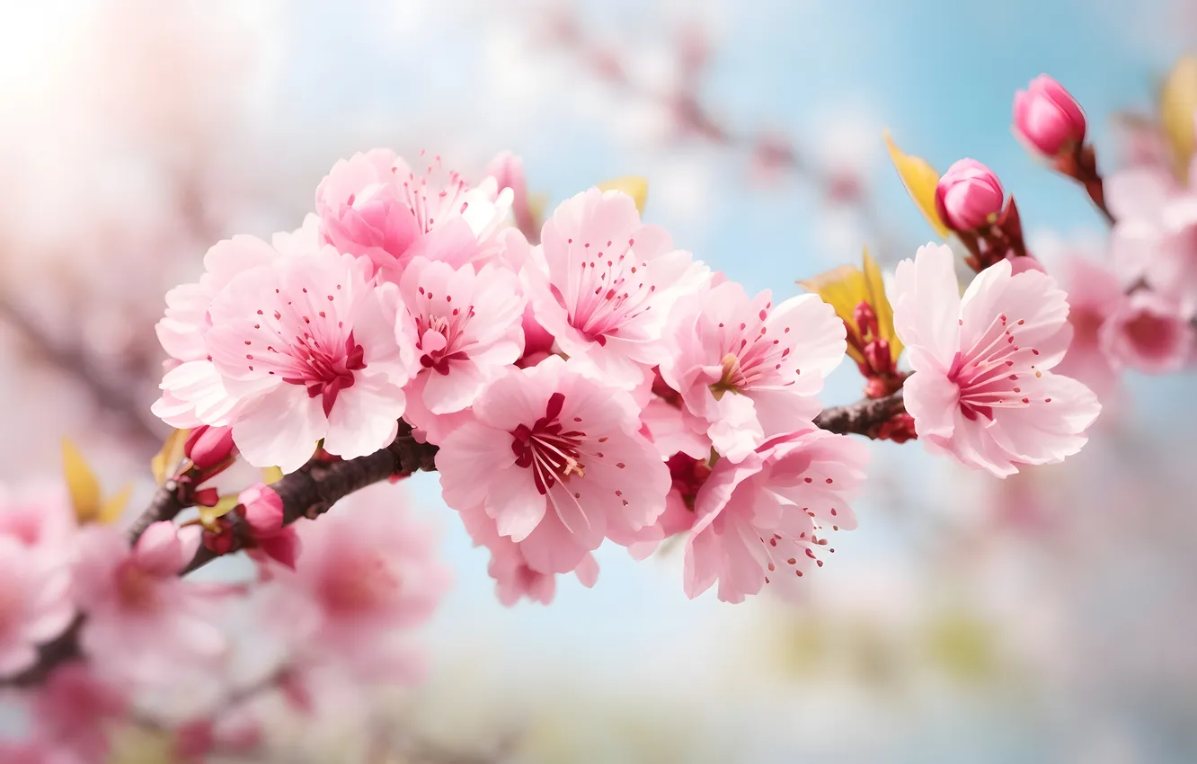 Photo wallpaper the sun, flowers, spring, sunshine, flowering, pink, blossom, flowers